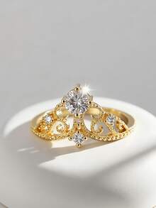 Charm-In Retro Filigree Pattern 18K Gold Plated Copper Ring Round Cut Cubic Zirconia Engagement Ring For Women Wedding, Anniversary & Daily Wear - Gold - View 2