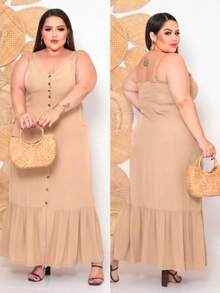 Elegant And Comfortable Women's Plus Size Dress, Plain, With Built-In Bra Cups, Adjustable Straps, And Front Buttons. - 米色 - 查看 1