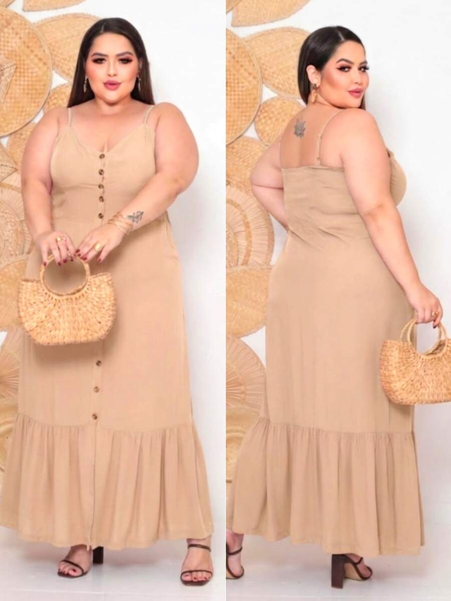 Elegant And Comfortable Women's Plus Size Dress, Plain, With Built-In Bra Cups, Adjustable Straps, And Front Buttons. - 米色 - 查看 1
