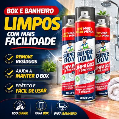 Limpa Box e Banheiro Spray Super Dom 500ml – Limpeza Prática para o Dia a Dia Remove Resíduos 1, 2 ou 3 Unidades
