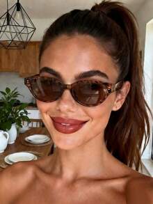 1副男女新款复古嘻哈装饰猫眼椭圆形波西米亚风格眼镜，简约百搭时尚眼镜 - 豹紋茶 - 查看 4