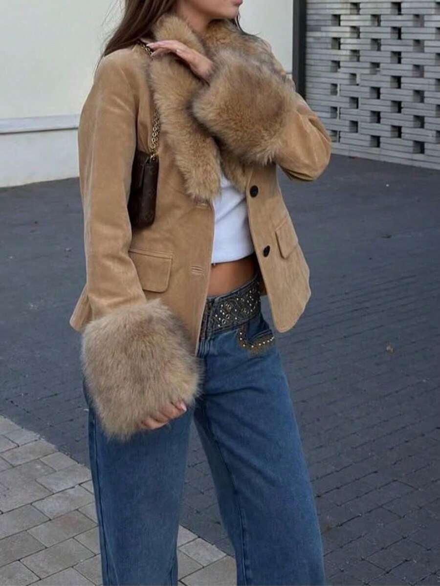 Blazer de terciopelo y piel sintética minimalista de estilo europeo y americano, nueva colección de otoño/invierno de Seelio - Marrón claro - Ver 1