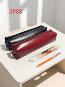 INS Style Faux Leather Pencil Case, Burgundy/Black Minimalist Zipper Pencil Box, Large Capacity For Students - Multicolor - View 5