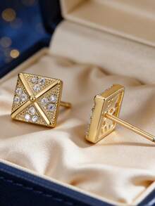 Women's Gold-Plated Square Stud Earrings, Featuring Criss-Cross Texture And Fully Embedded Zirconia Stones, Minimalist Elegant Design, Suitable For Daily Commute And Workwear, An Ideal Gift For Fashion Enthusiasts - Gold - View 2
