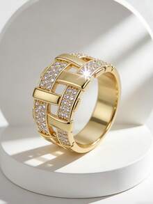Charm-In 18K Gold Plated Copper Ring Chunky Basket Weave Grid Design Paved Cubic Zirconia Statement Ring For Women Fashion Jewelry - Gold - View 2