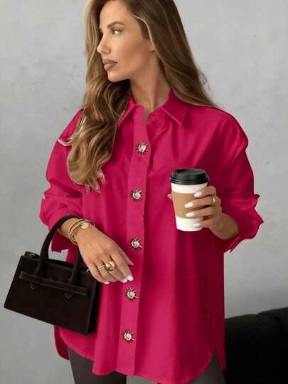 Solstice Apparel Front Button Embellished Metal Sun Disc Dropped Shoulder Lapel Collar Loose White Women Shirt, Casual Blouse For Commute And Office Wear Spring