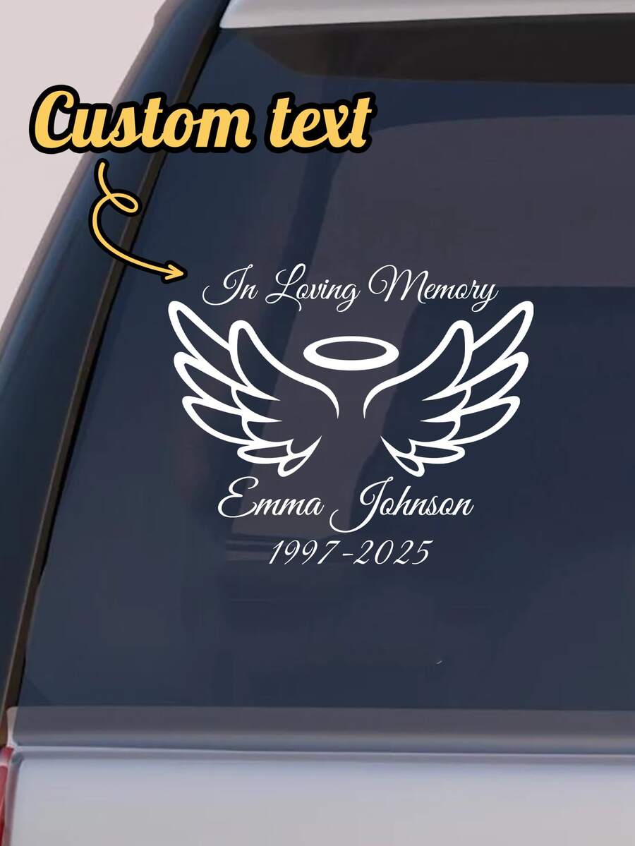 Stiker Mobil Peringatan yang Dipersonalisasi - Stiker Peringatan Sayap Malaikat Kustom dengan Nama dan Tanggal | Stiker Jendela Mobil Peringatan RIP | Stiker Peringatan Tahan Air untuk Jendela Mobil, Truk, SUV | Stiker Penghormatan Peringatan Duka Cita | Stiker Mobil Peringatan Kustom dengan Halo dan Sayap Malaikat, Stiker Peringatan Luar Ruangan Tahan Lama untuk Laptop atau Dinding