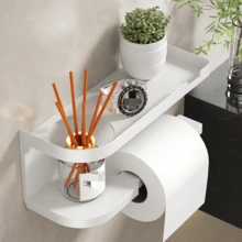 1pc Wall-Mounted Toilet Paper Holder With Shelf, Dual-Use Bathroom Organizer Accessory, Tissue Box Dispenser, Bathroom Decor, Suitable For Home And Hotel Use - Affordable Luxury - View 2