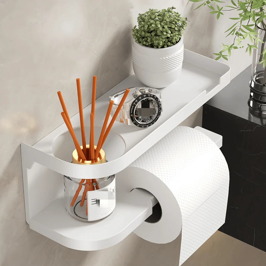 1pc Wall-Mounted Toilet Paper Holder With Shelf, Dual-Use Bathroom Organizer Accessory, Tissue Box Dispenser, Bathroom Decor, Suitable For Home And Hotel Use