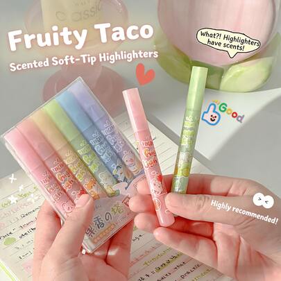 Set de 6 piezas de bolígrafos resaltadores con aroma a fruta, paleta de colores suaves, punta angulada suave, aplicación suave, secado rápido y sin sangrado, adecuado para diarios, dibujos, garabatos, resaltado, aroma a fruta fresca + resaltador suave para una creatividad atmosférica