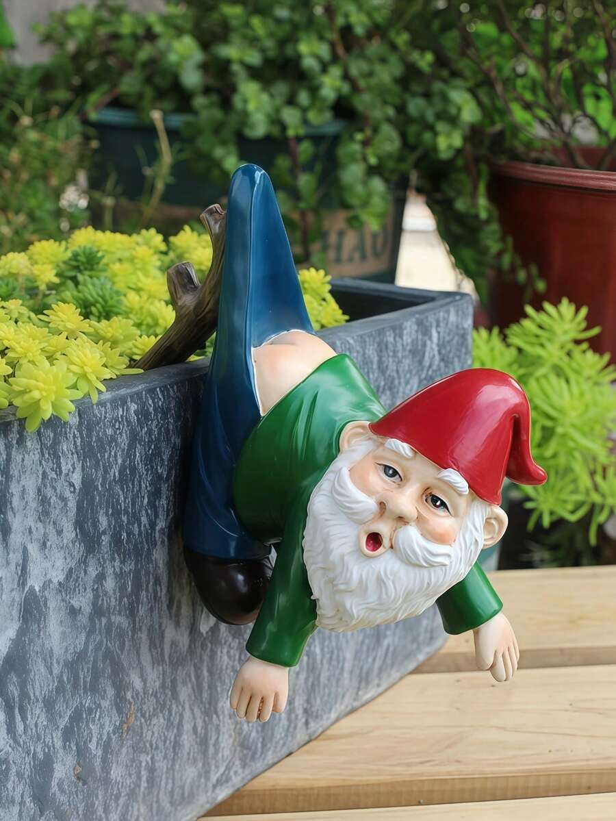 Mischievous Hanging Resin Gnome Sculpture - Crawling Gnome Wearing Red Hat, Funny Design | Single Decorative Piece, Suitable For Planter Edges, Fence Posts, And Garden Racks | Weather-Resistant Outdoor Decor, Adds Humor And Personalized To Outdoor Greenery - A - View 1