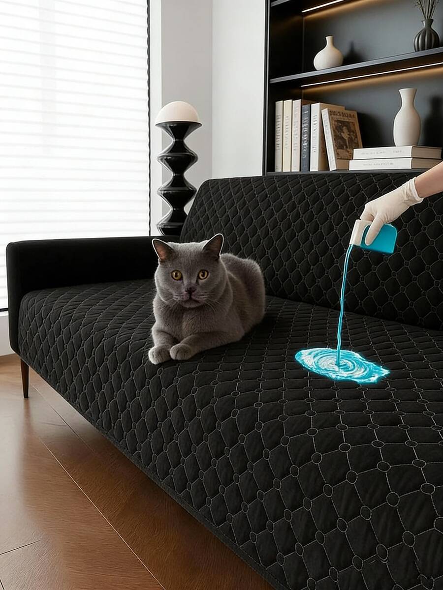 1件纯色格子防水防滑薄款沙发套，适用于小型/中型/大型宠物，可用于卧室/客厅宠物沙发保护（单件出售，非全套） - 黑色 - 查看 1