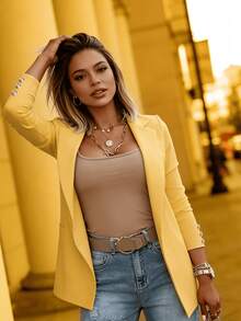 Women's Long-Sleeve Blazer, Suitable For Spring And Fall, Features A Tailored Fit With Decorative Buttons And A Relaxed Silhouette, Pairs Easily With Tops Or Jeans, Fits Office Days Or Casual Meetups, Keeps You Comfortable And Polished Throughout The Day - 黃色 - 查看 3