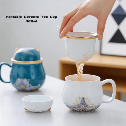 1pc Portable Ceramic Tea Cup With Tea Leaf Filter And Lid, Tea Separation Design, Modern Style, Suitable For Home And Office Use, Reusable Travel Tea Cup, Exquisite Gift, Elegant Tea Cup