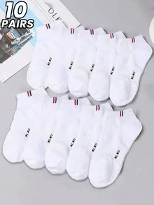 10 Pairs Men's Sports Boat Shallow Mouth Black & White Low-Cut Breathable Moisture-Wicking Ankle Socks - Black - View 7