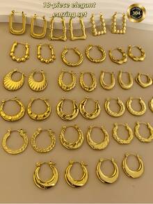 Bộ 12 khuyên tai tròn bằng thép không gỉ, kiểu dáng tối giản Hàn Quốc dành cho nữ, thiết kế bất đối xứng tinh tế, phù hợp cho cả ngày thường và các buổi tiệc. - vàng - Xem 2