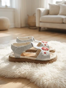 Fresh Countryside 3-12岁女童蓝银闪亮耀眼小雏菊刺绣儿童凉鞋 - 蓝银闪亮鞋面 + 手工红白小雏菊刺绣，露趾镂空结构，后跟魔术贴可调节，多层缓冲复合鞋底，动感、甜美、清新风格，日常度假、春夏户外凉鞋！ - 薄荷藍 - 查看 6