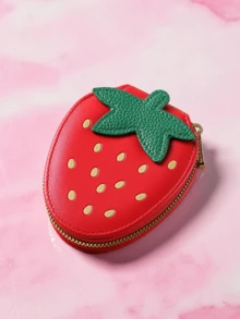 1个可爱草莓造型拉链零钱包，PU皮革迷你钱包，便携小袋 - 彩色 - 查看 10