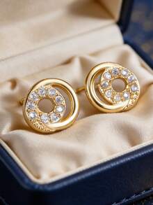 Women's Gold-Plated Double Hoop Earrings, Fully Embedded With Zirconia Stones, Minimalist Elegant Style, Suitable For Daily Commute And Workwear, An Ideal Gift For Fashion Enthusiasts - Gold - View 2