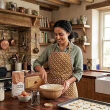 1 chiếc tạp dề hai túi viền xếp ly, màu trắng, chất liệu polyester chống dầu, dùng trong nhà bếp - Đen và trắng - Xem 3