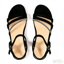 Women's Black Rhinestone Buckle Wedge Sandals | Open Toe Casual Shoes For Summer - Black - View 13