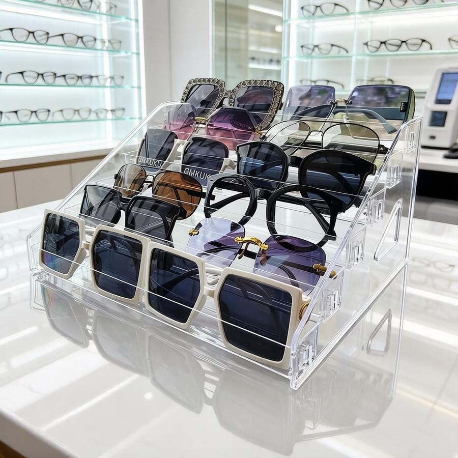1pc 3-7 Tier Multi-Function Eyeglass Display Rack, Fashion Glasses Storage Box, Transparent Eyeglass Holder, Fashion Glasses Display Stand, Eyeglass Display Rack, Fashion Glasses Storage Box, Pink Eyeglass Holder, Transparent Blue Light Blocking Eyeglass Display Stand, Men's Fashion Glasses Display Prop - Clear - View 1