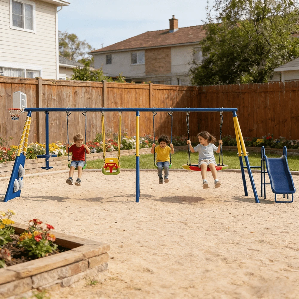 8 In1 Swing Sets For Backyard With Kids Slide Outdoor Heavy-Duty Metal Playset For Kids 550lbs Swing Set With Slide, Saucer Seat, 2 Belt Seat, Soccer Goals, Glider,Baby Swing Set And Baketball Hoop - Màu xanh lam - Xem 1