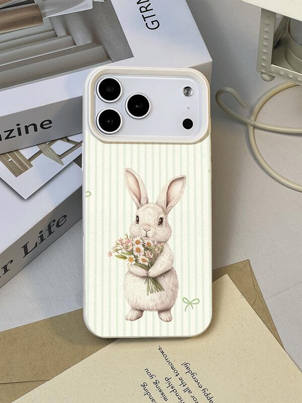 1pc Soft Mint Green Striped Plush White Rabbit Holding Flower Pattern Textured Waterproof Shockproof Anti-Slip Elegant Soft Phone Case, Suitable As Birthday/Holiday Gift For Friends, Family, Couples, Fits Compatible With Apple/ Phone Models
