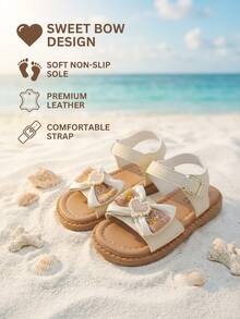 3-12 Years Old Girls Pixel Heart Bow Sandals, Matte Beige/Ivory PU Material, 3D Bow Decor With Pixel Heart & Daisy Embroidery, Adjustable Retro Flat Summer Shoes - Apricot - View 2
