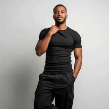 Men's Ribbed T-Shirt American Style Summer All Slim Fit Textured Knitted Men's Shirt Men's Blouse - 黑色 - 查看 2