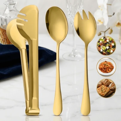 Bộ 3 món dụng cụ phục vụ bằng thép không gỉ mạ vàng, bao gồm kẹp gắp, thìa múc và dĩa salad, lý tưởng cho tiệc buffet, đám cưới, tiệc tùng và phục vụ salad.