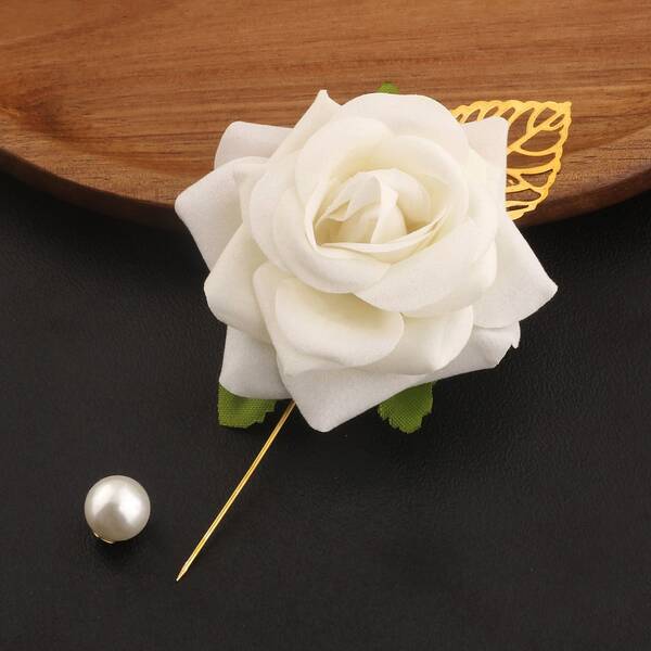1pc Unisex Elegant Faux Velvet Rose Brooch With Golden Leaves, Suitable For Groom, Bride, Father, Mother, Grandparents For Wedding, Party, Graduation, Valentine's Day, Prom, Homecoming Decoration