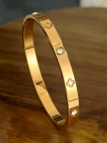 3 / 1pc High-Quality Stainless Steel Clover Zirconia Women's Bracelet Set, Fashion Clover Zirconia Women's Bangle Set, Fashion Women's Watch Jewelry Accessories, Can Be Layered Or Worn Individually, Fade-Resistant, Suitable For Daily / Holiday / Summer / Back To School / Wedding / Engagement, Various Occasions - Gold - View 3