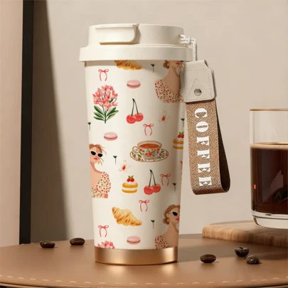 Bình giữ nhiệt cà phê kiểu Pháp cổ điển có quai, giữ lạnh 12-24 giờ, giữ nóng 6-12 giờ, dung tích 500ml, chống rò rỉ, có thể tái sử dụng, thích hợp cho văn phòng, du lịch, dã ngoại ngoài trời, món quà thời trang dành cho phụ nữ.