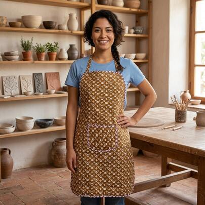 1pc Dual Pocket Ruffle Trim Apron, White Polyester Oil Proof Apron For Kitchen