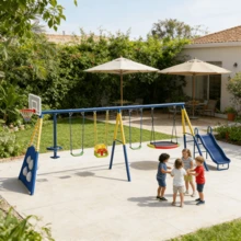 8 In1 Swing Sets For Backyard With Kids Slide Outdoor Heavy-Duty Metal Playset For Kids 550lbs Swing Set With Slide, Saucer Seat, 2 Belt Seat, Soccer Goals, Glider,Baby Swing Set And Baketball Hoop - Màu xanh lam - Xem 2