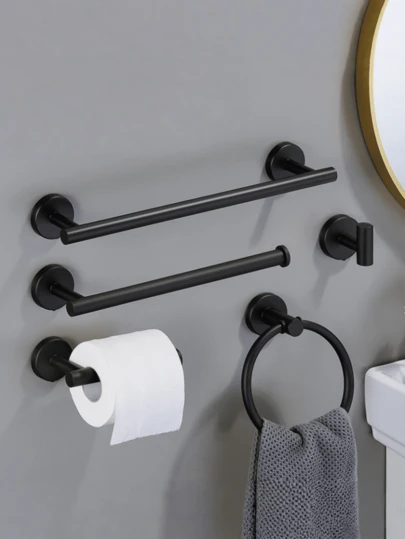 1 Set Stainless Steel Bathroom Hardware, Including Towel Rack, Toilet Paper Holder, Multi-Function Storage Bar With Hooks, Easy Installation With Drill Holes