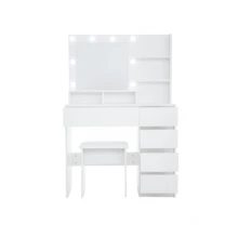 Tocador con Espejo y Taburete - Mesa de Maquillaje con Cajones de Almacenamiento y Organizador, Blanco y Dorado, Diseño que Ahorra Espacio para Dormitorios Pequeños - Blanco + Tablero de partículas + MDF + Moderno - Ver 11