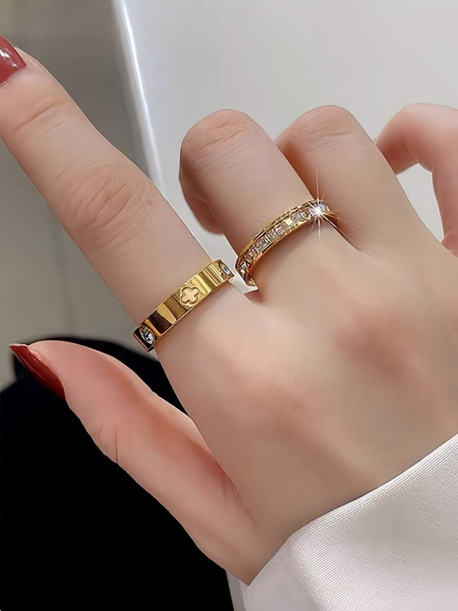 2 piezas Anillos apilables de acero inoxidable con diseño sencillo de una y dos filas con circonita cúbica dorada para uso diario de mujeres - Plateado - Ver 1
