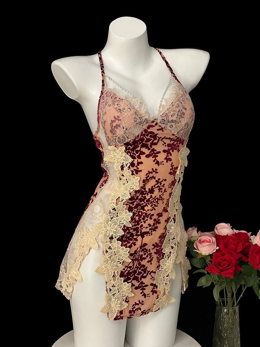 一件丝绒睡裙，高端女士秋冬睡衣，小胸睡裙，性感法式吊带睡裙，纯蕾丝夏季睡裙 - 酒紅色 - 查看 1