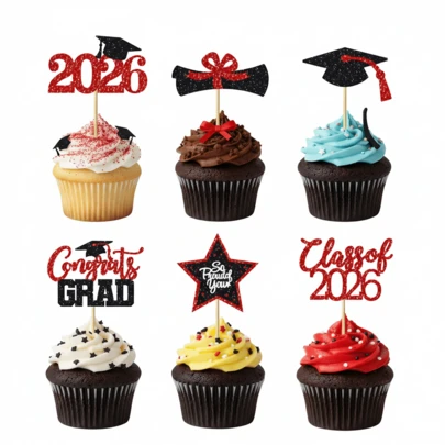 Bộ 12/24 que cắm bánh cupcake chủ đề tốt nghiệp năm 2026, màu đỏ và đen lấp lánh, trang trí bánh chúc mừng tốt nghiệp, đồ dùng tiệc tốt nghiệp năm 2026, que cắm tráng miệng cho lễ kỷ niệm tốt nghiệp trung học và đại học.