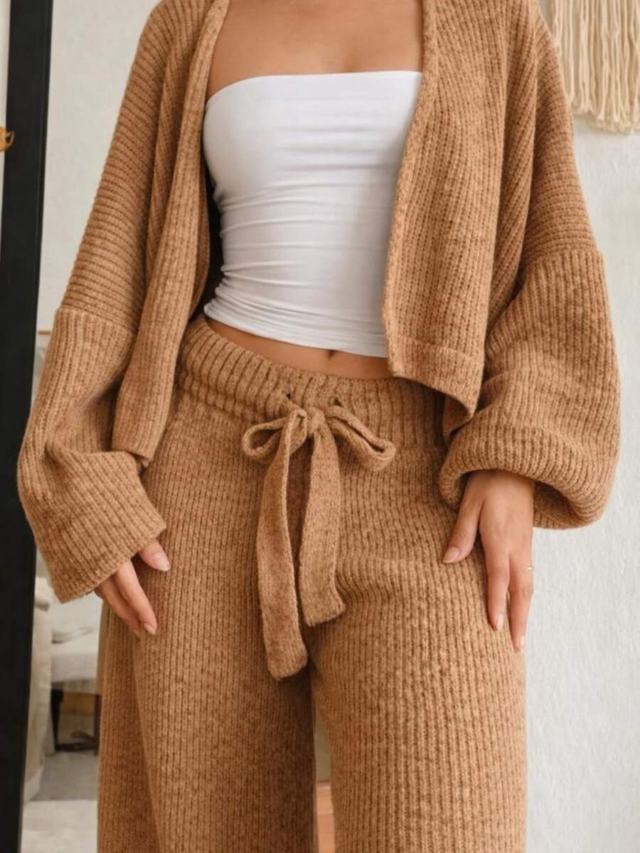 Women's Premium Mousse Knit Set: Cardigan Jacket And Wide-Leg Pants With Tie Detail, Musse Yarn Knit, Blogger Style, Belize - Màu Khaki - Xem 1