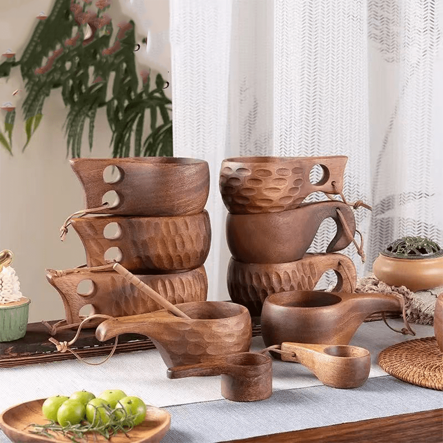 1 chiếc cốc sữa bằng gỗ óc chó, bát salad bằng gỗ hồng mộc, cốc gỗ có tay cầm độc đáo, cốc cà phê