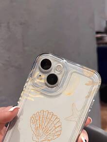1pc Minimalist Line Design Transparent Gold Starfish & Shell Pattern TPU Soft Protective Phone Case, Suitable As Birthday/Holiday Gift For Friends, Family, Couples, Compatible With Apple Phones - Multicolor - View 4