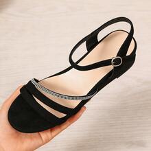 Women's Black Rhinestone Buckle Wedge Sandals | Open Toe Casual Shoes For Summer - Black - View 6