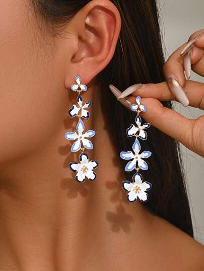 Blue & White Floral Long Dangle Earrings, Vintage Enamel Flower Drop Earrings For Women, Elegant Chinese Style Statement Jewelry