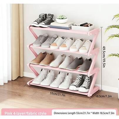 Z-Shaped Foldable Shoe Rack, Multi-Layer Storage Organizer With Non-Woven Fabric & Stainless Steel Tubes, Easy Assembly Space-Saving Floor Standing Shoe Shelf For Entryway, Hallway, Closet & Bedroom, High Capacity Home Storage Solution In Black, Pink