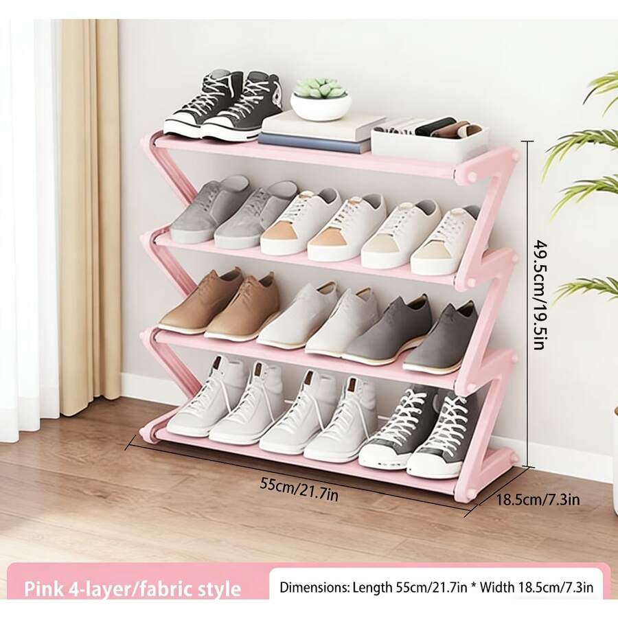 Z-Shaped Foldable Shoe Rack, Multi-Layer Storage Organizer With Non-Woven Fabric & Stainless Steel Tubes, Easy Assembly Space-Saving Floor Standing Shoe Shelf For Entryway, Hallway, Closet & Bedroom, High Capacity Home Storage Solution In Black, Pink - 粉紅色禮物 - 查看 1