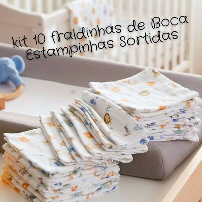 Kit 10 Pano De Boca Fraldinha Leve e Fino Estampada 32x32cm Comum Pacote 100% Algodão Toalhinha De Limpeza Bebê