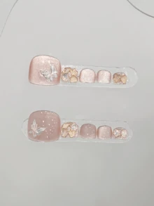 10件手工可穿戴腳趾甲片，適合派對與日常佩戴，易於貼合，春夏風格，完美適合女孩與女性在假期、派對、音樂節及日常佩戴，情人節母親節禮物美甲 - 淺粉色 - 查看 10